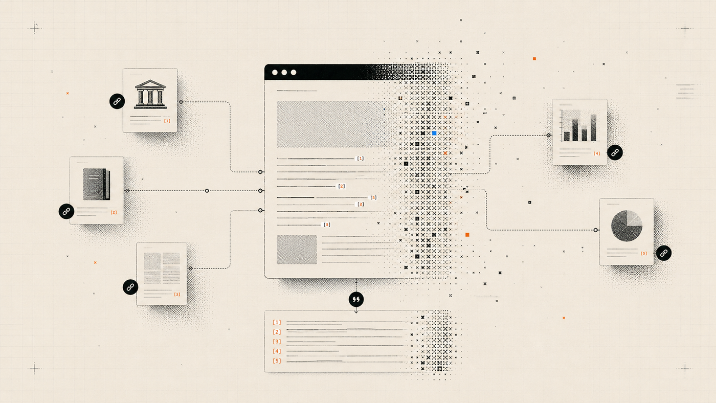 Knowledge map connecting official documents, reports, studies, and data to citations in a central article.