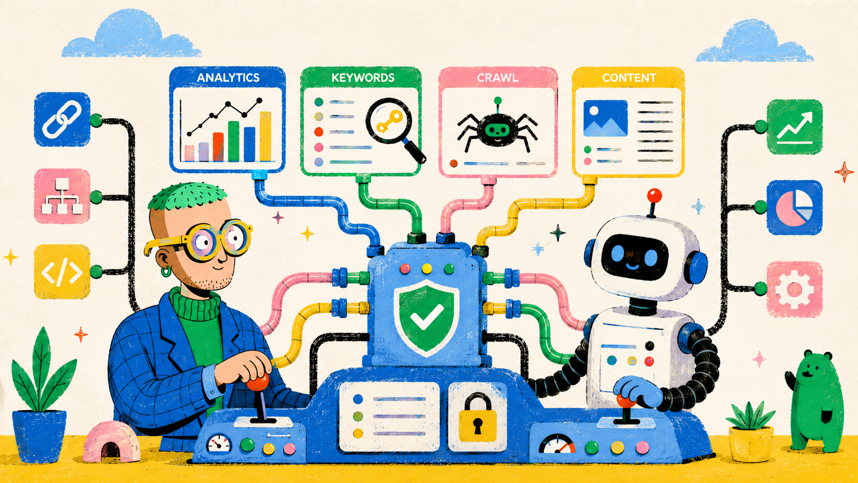 Illustrated SEO control hub connecting analytics, keywords, crawl data and content through a secure agent layer.