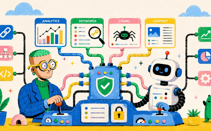 Illustrated SEO control hub connecting analytics, keywords, crawl data and content through a secure agent layer.