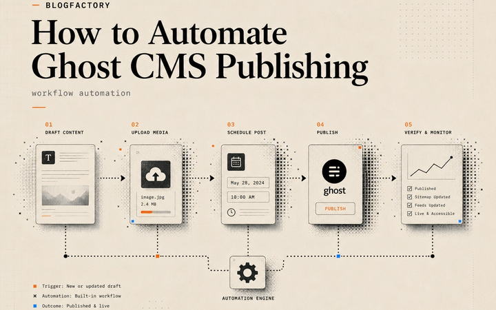 Cover workflow showing Ghost draft creation, media upload, scheduling, publishing, and live verification.