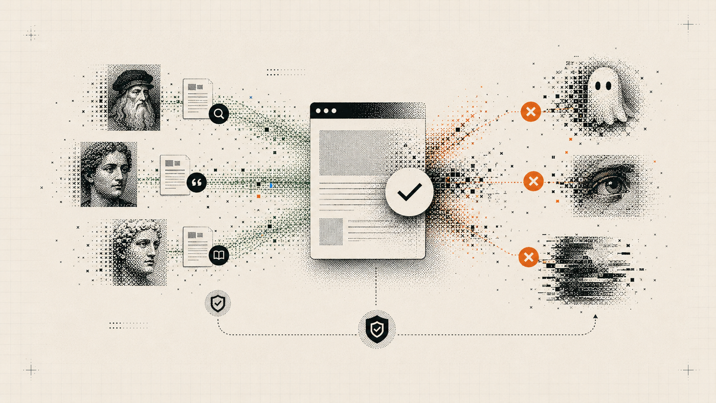 Verification illustration showing trusted source portraits and documents feeding a checked article while unsupported outputs are rejected.