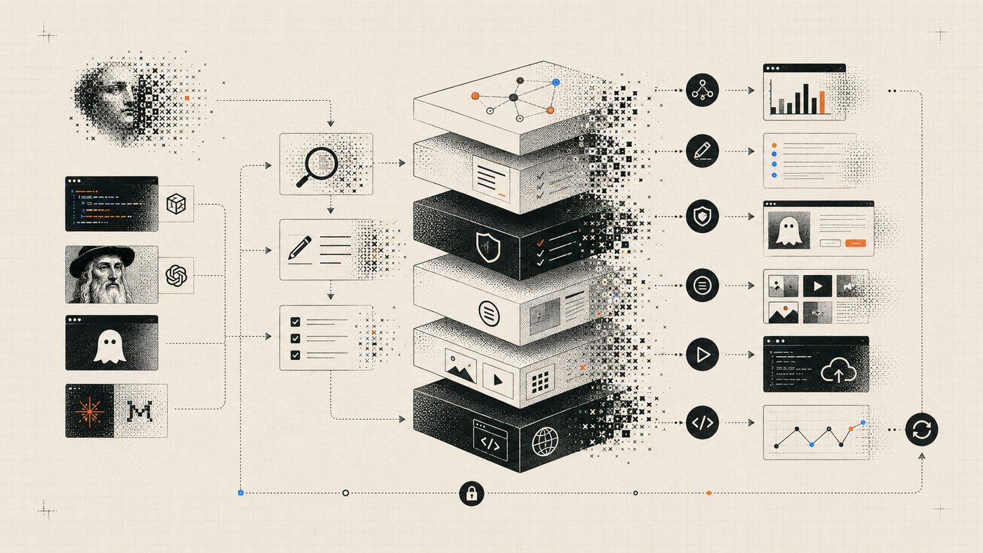 Layered open-source AI content pipeline connecting research, writing, validation, media, publishing, and analytics.