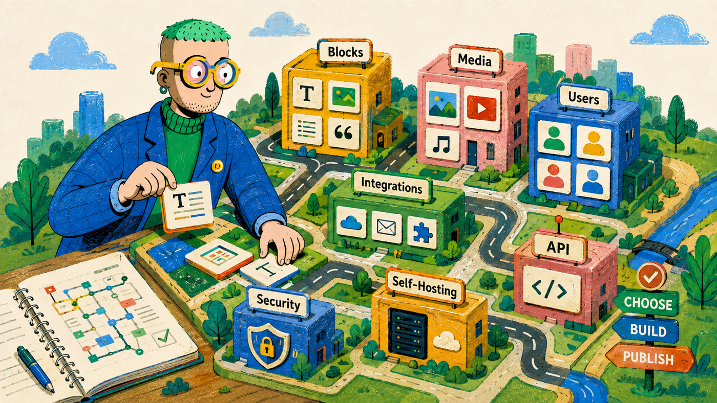 Illustrated CMS platform map showing content blocks, media, users, integrations, API, security and self-hosting.