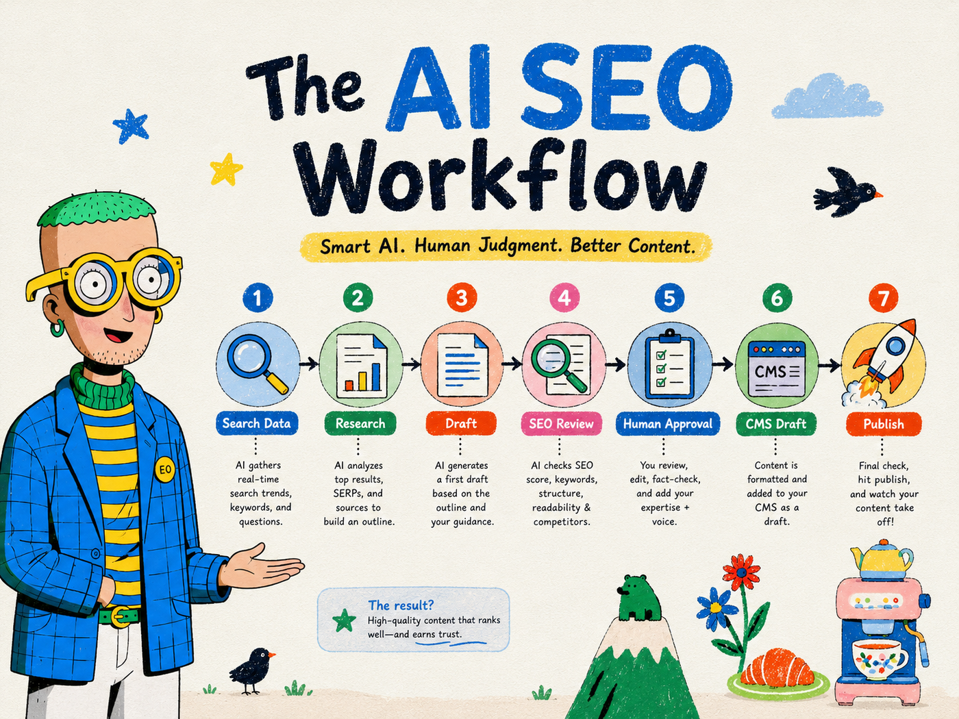 AI SEO workflow from search data and research through drafting, SEO review, human approval, CMS draft and publishing.