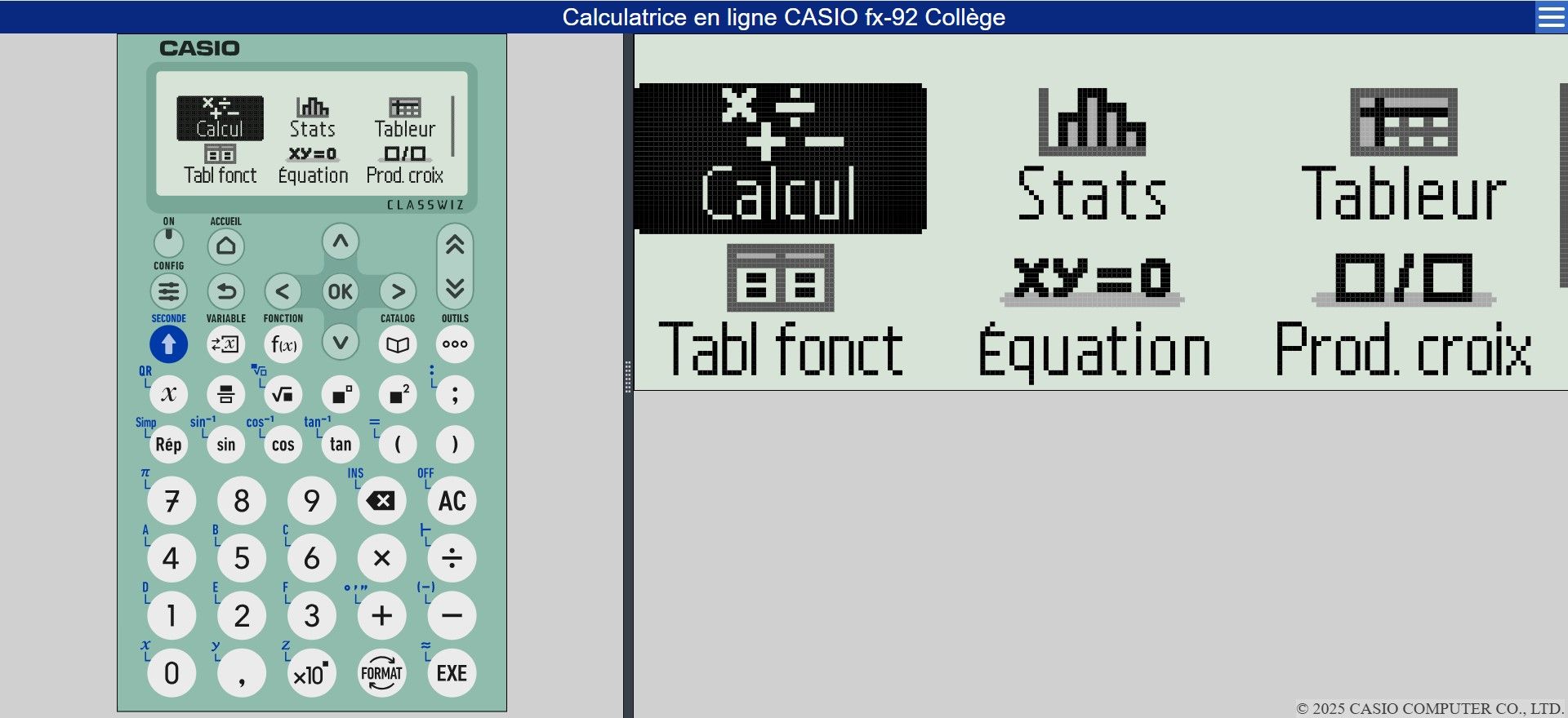 Calculatrice en ligne fx-92 Collège