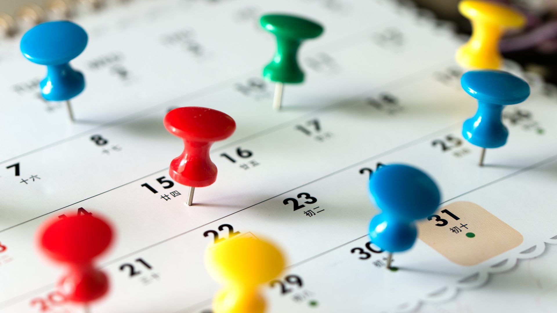 Various color thumb tack pins on calendar as reminder