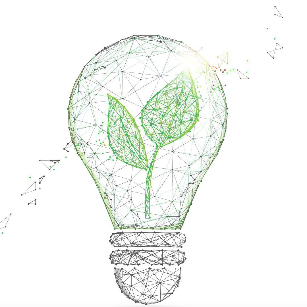 Light Bulb with green plant form lines, triangles and particle style design.|Light Bulb with green plant form lines, triangles and particle style design.