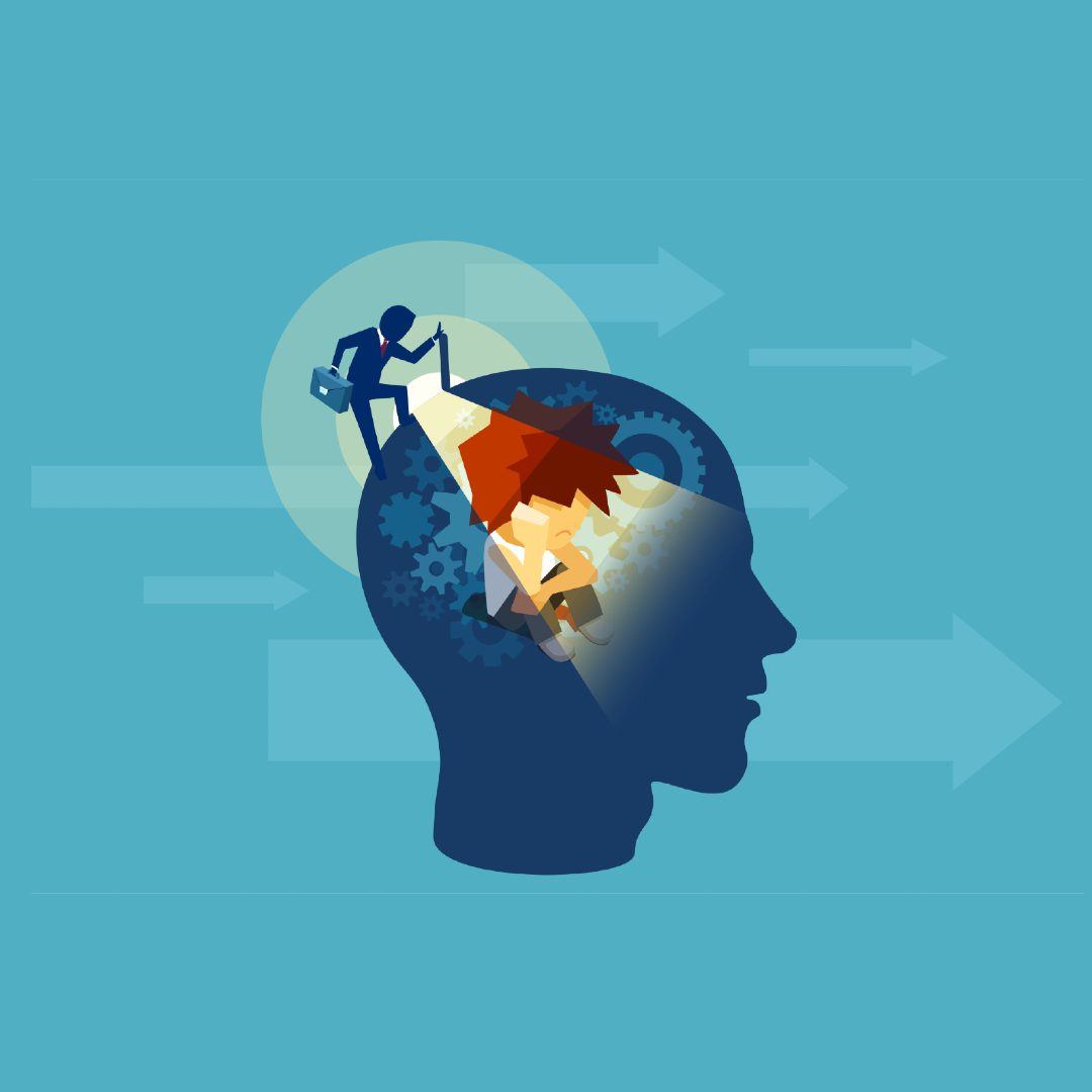Adult business man opening a human head with a child subconscious mind sitting inside|Adult business man opening a human head with a child subconscious mind sitting inside
