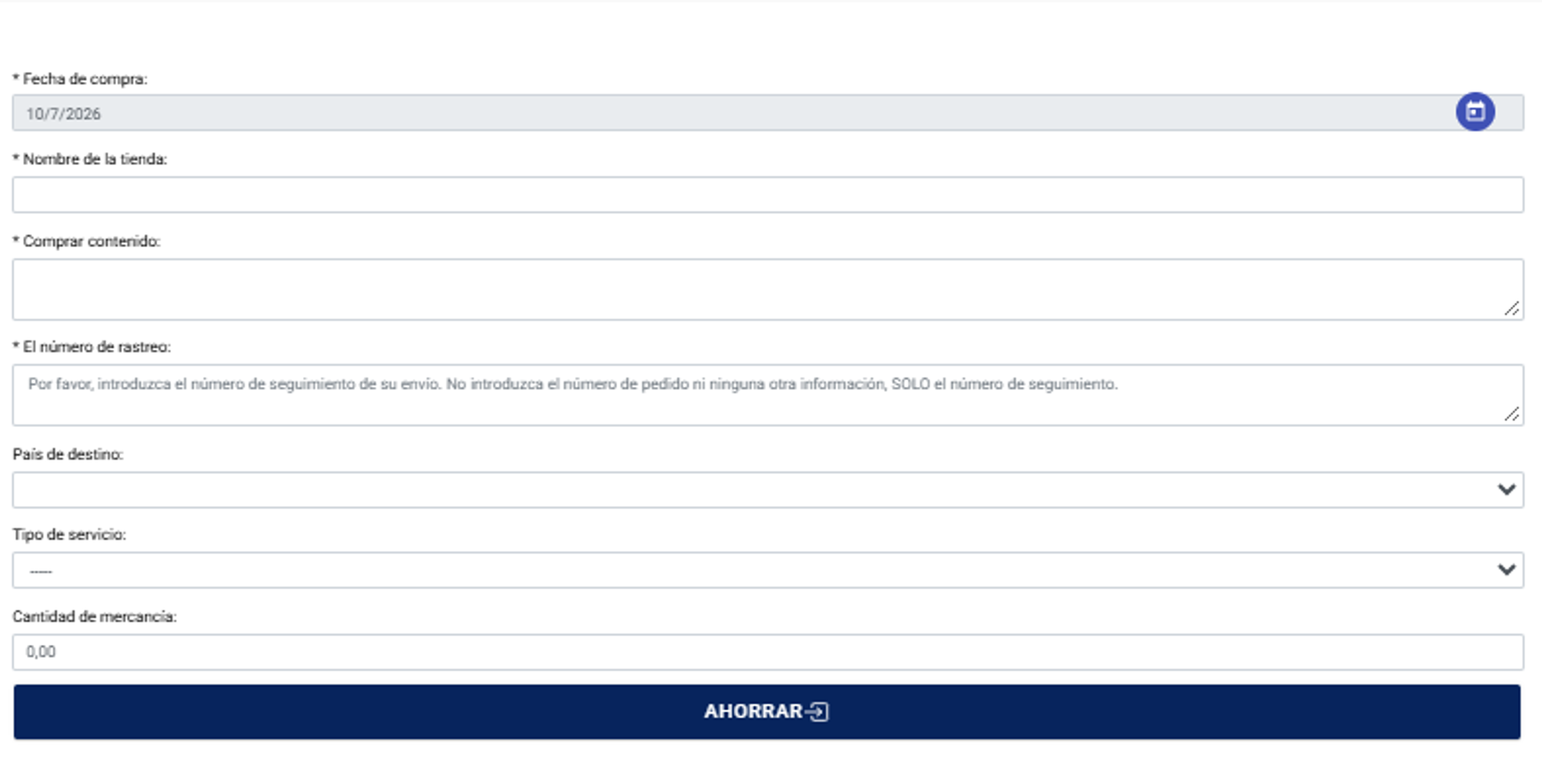Pre-alert form with the purchase details in the TEALCA US portal