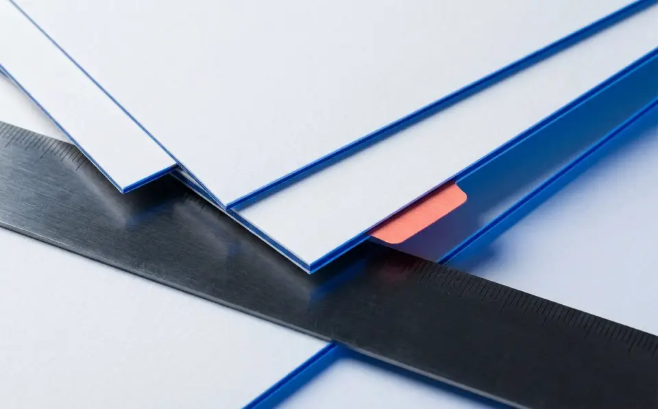 Overlapping mineral-white sheets and a dark metal rule under cobalt light.