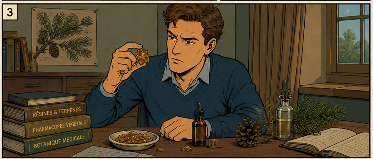 L'homme examine à la lumière un fragment de résine dorée, devant des flacons, des pommes de pin et des ouvrages de pharmacopée végétale.