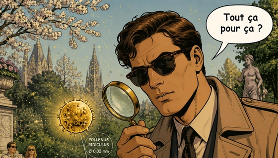Un homme en trench observe à la loupe un grain de pollen doré, étiqueté d'un nom savant fantaisiste, devant des arbres en fleurs. Il lâche : « Tout ça pour ça ? »