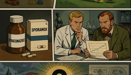 Planche en trois bandes : un enfant prostré dans une chambre sombre, puis le même courant après un ballon dans un jardin ; des boîtes d'itraconazole et de Sporanox ; deux chercheurs penchés sur une courbe, puis face à un point d'interrogation lumineux.