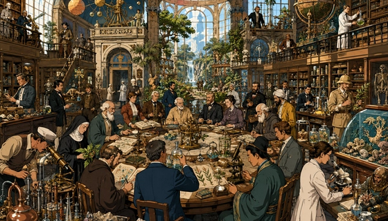 Sous une vaste verrière, une assemblée de savants de toutes époques travaille autour d'une table ronde couverte de livres, de flacons et d'instruments.