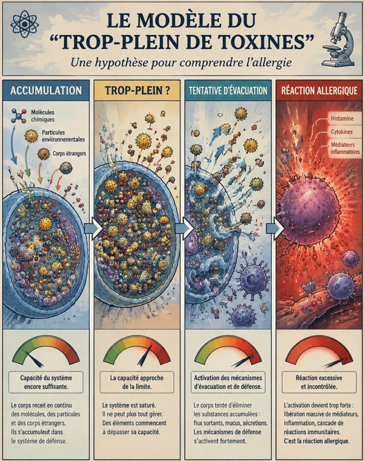Affiche en quatre colonnes suivant une cellule qui se remplit : accumulation, saturation, tentative d'évacuation, réaction allergique. Sous chacune, une jauge passe du vert au rouge.