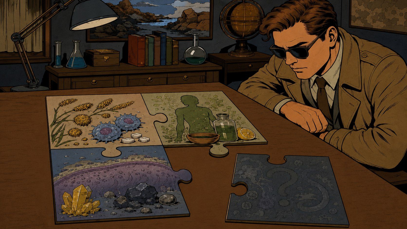 Un homme penché sur un puzzle de quatre pièces posé sur son bureau. Trois montrent des pollens, une silhouette humaine et des minéraux ; la quatrième reste sombre.