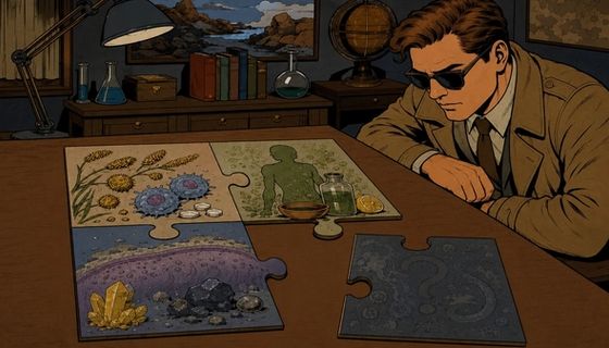 Un homme penché sur un puzzle de quatre pièces posé sur son bureau. Trois montrent des pollens, une silhouette humaine et des minéraux ; la quatrième reste sombre.