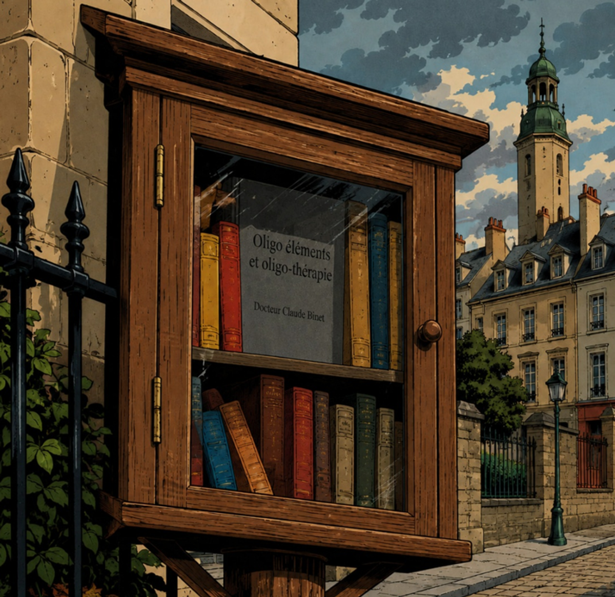 Une boîte à livres de rue, vitrée, où se détache un ouvrage consacré aux oligo-éléments et à l'oligothérapie.