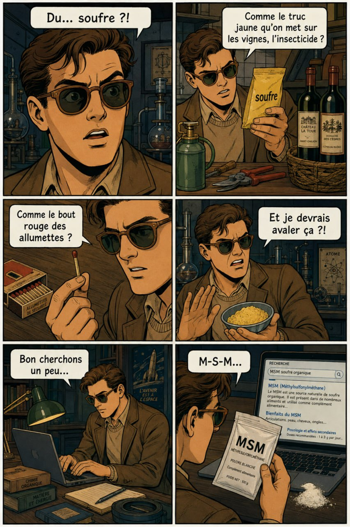 Six cases : l'homme s'étonne qu'on lui parle de soufre, le compare au produit qu'on met sur les vignes puis au bout des allumettes, refuse d'en avaler, cherche sur son ordinateur et tombe sur le MSM.