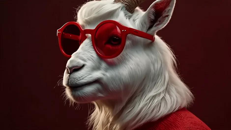 The Little Goat mascot — a white goat in round red sunglasses and a red jumper, turning to face the camera