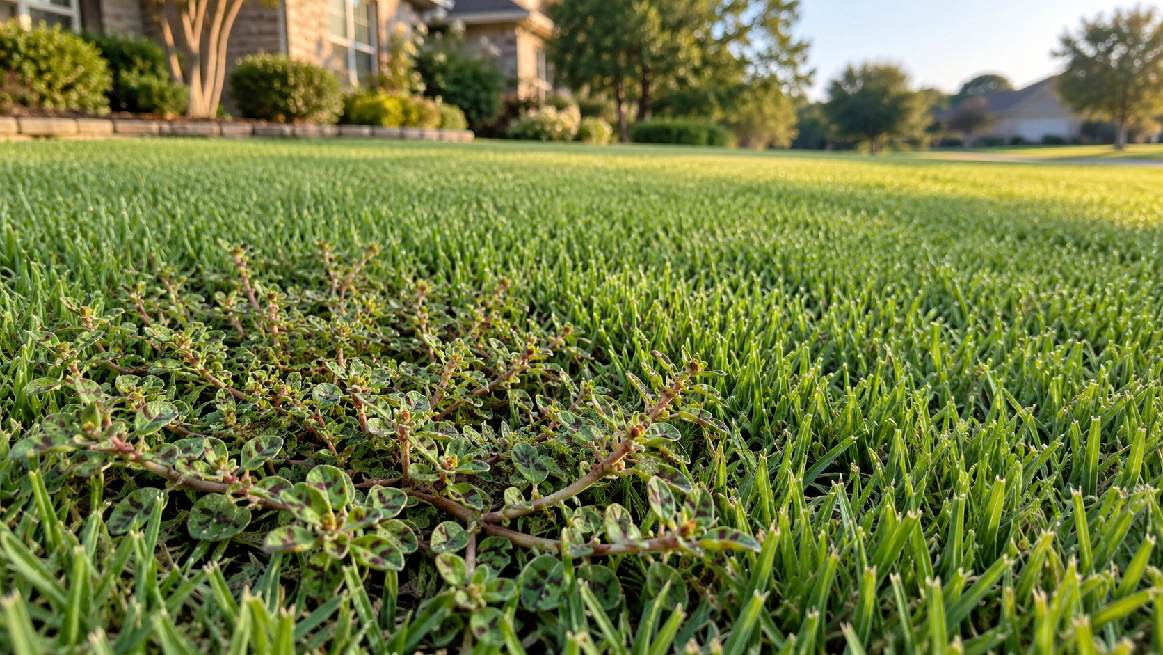 Spotted spurge growing as a low mat through green Bermuda grass in a residential lawn.