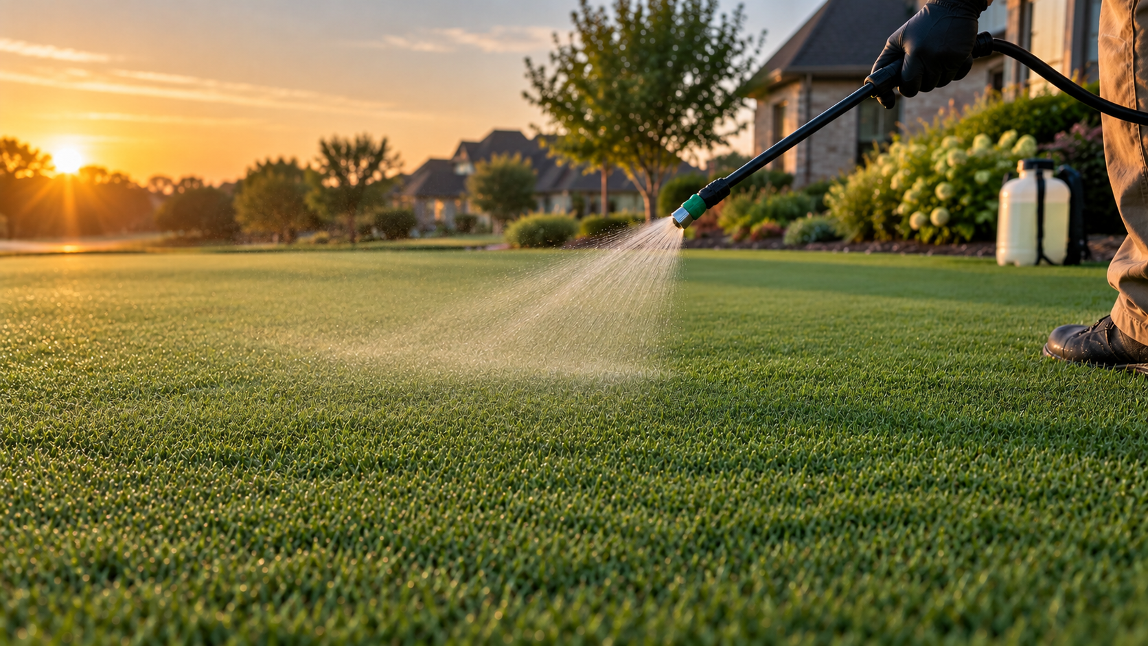 Fine foliar spray being applied to a short, tightly mowed Bermuda lawn in early morning light.