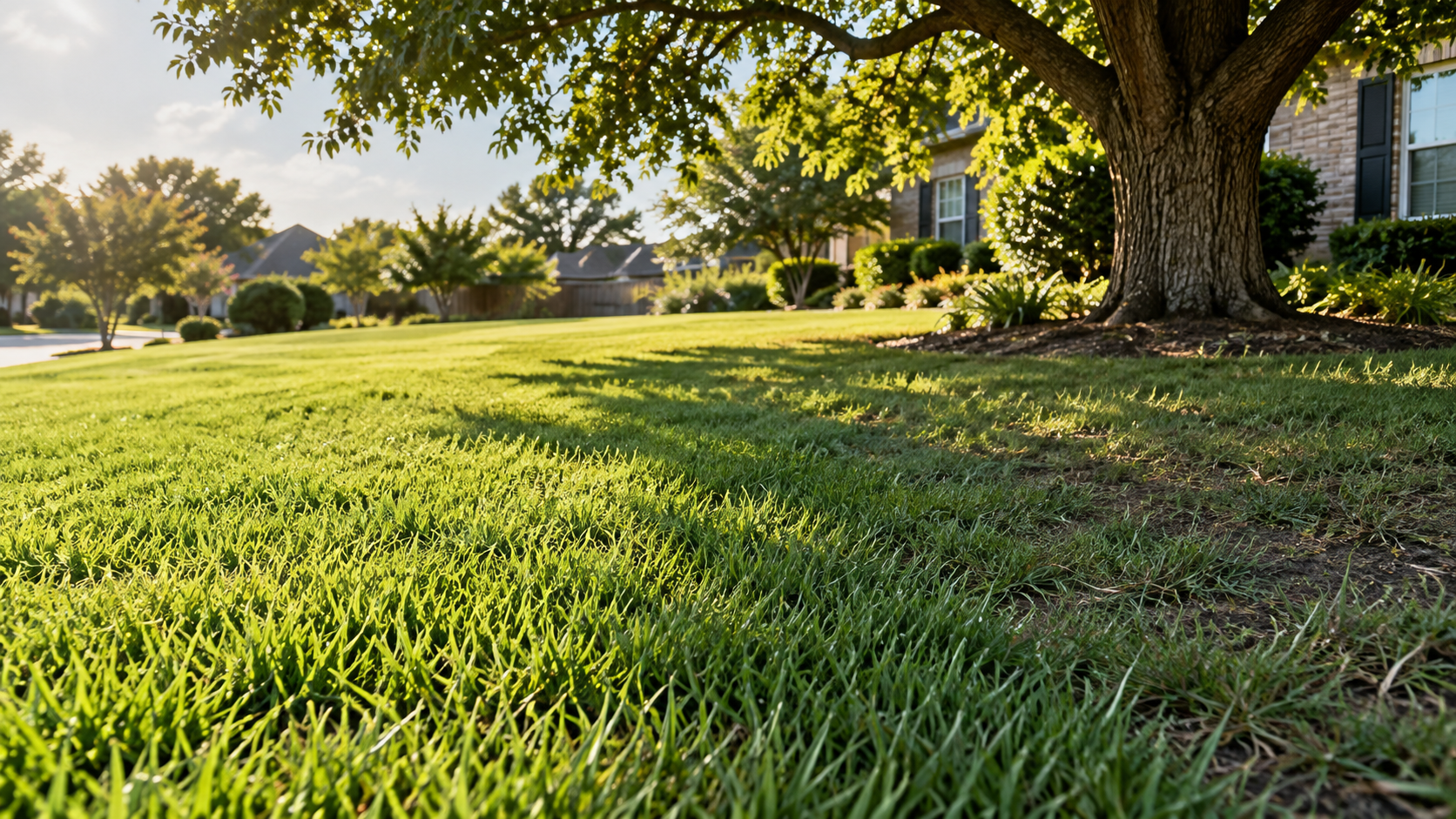Dense green Bermuda grass in full sun becomes progressively thinner beneath the shade of a mature tree.