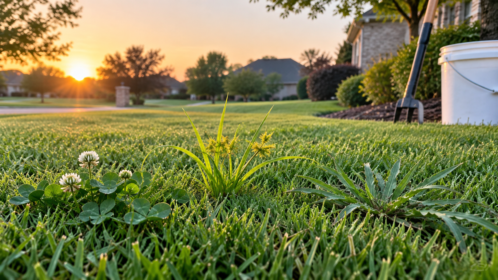 Broadleaf weeds, nutsedge, and a grassy weed growing in a Bermuda lawn with a long-handled weed puller and bucket nearby.