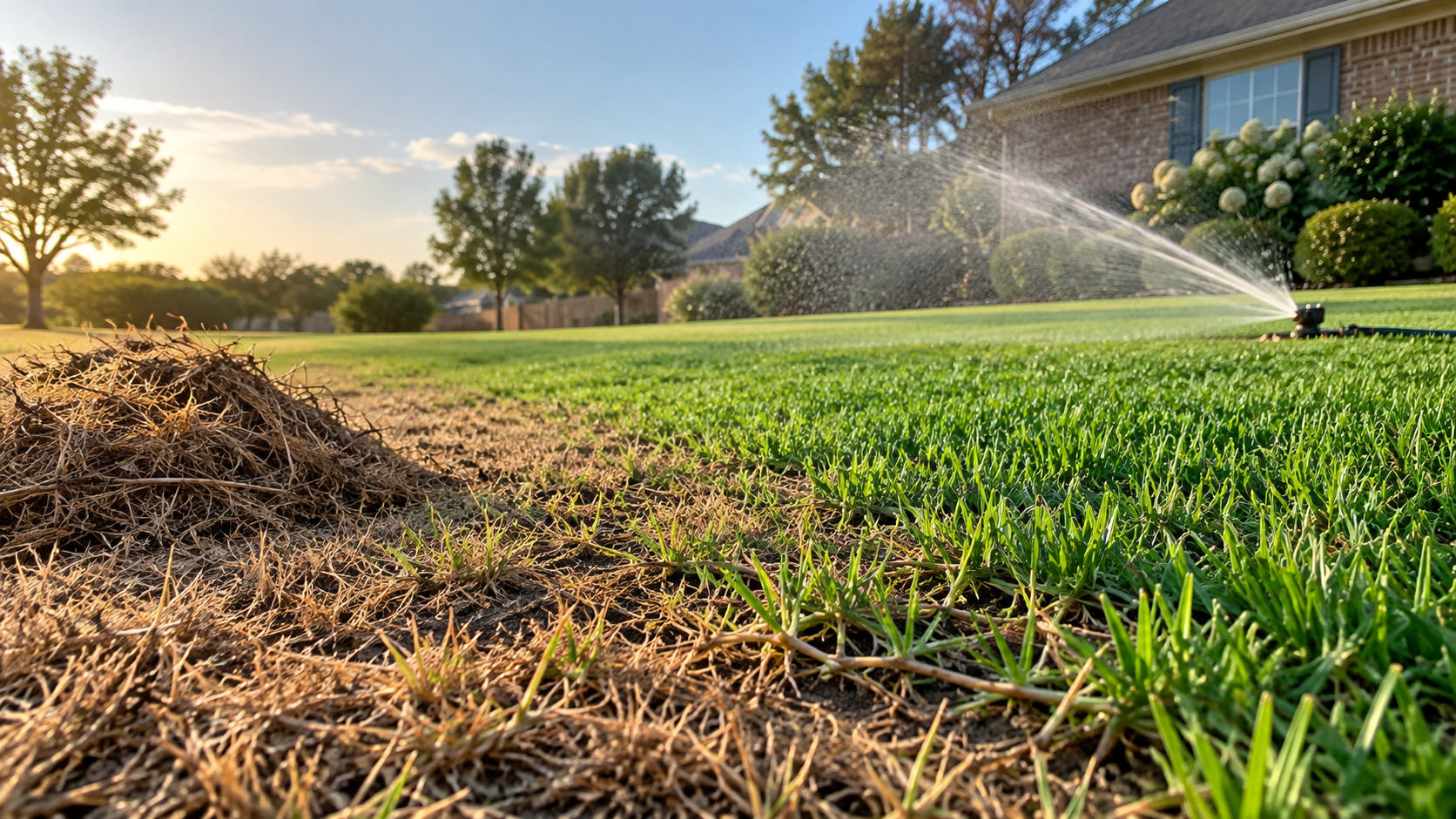 Drought-stressed Bermuda grass transitioning from brown, thinned turf into green growth while a sprinkler waters the recovering lawn.