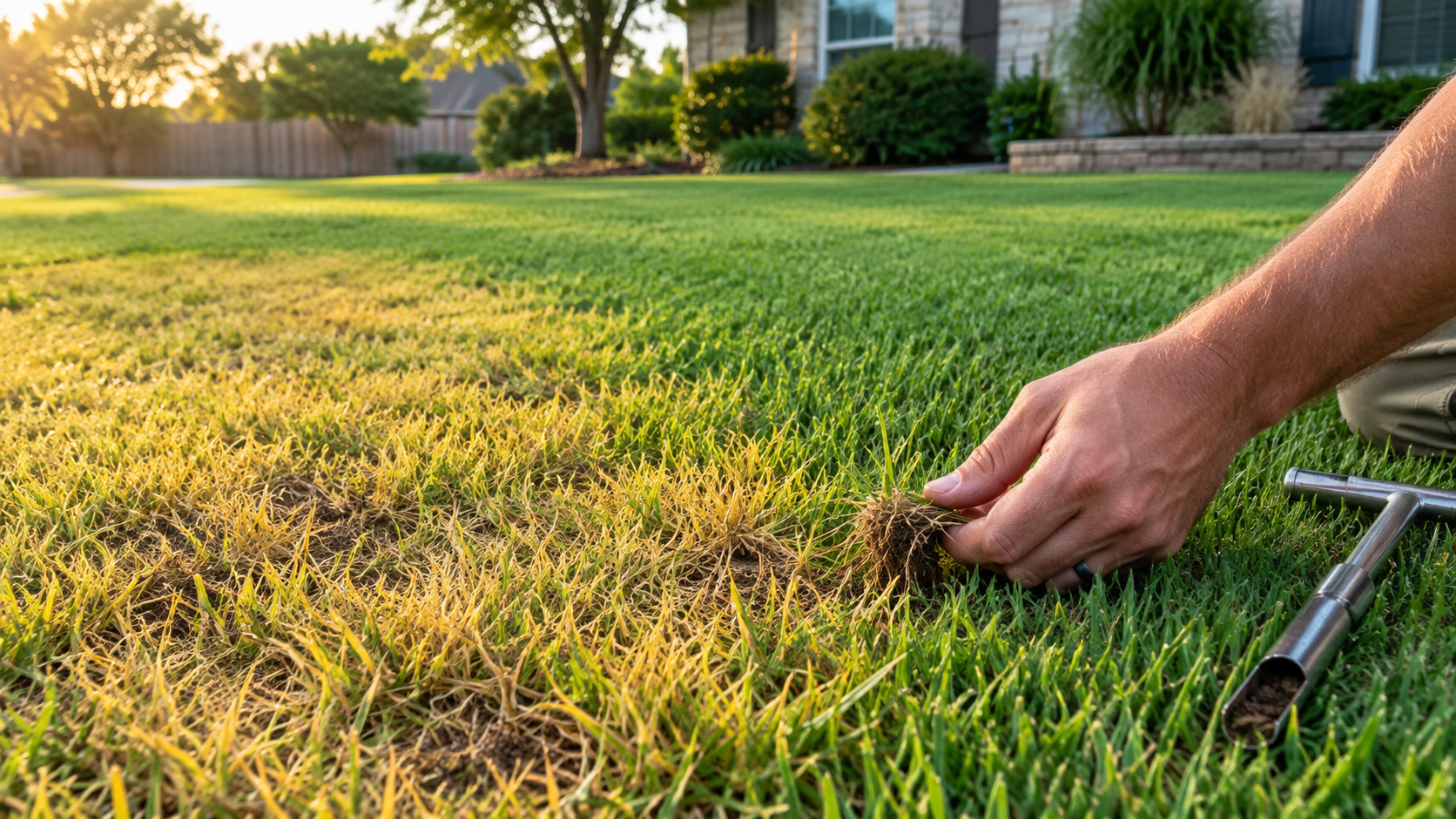 A homeowner examines the soil beneath a yellow patch next to healthy green Bermuda grass.