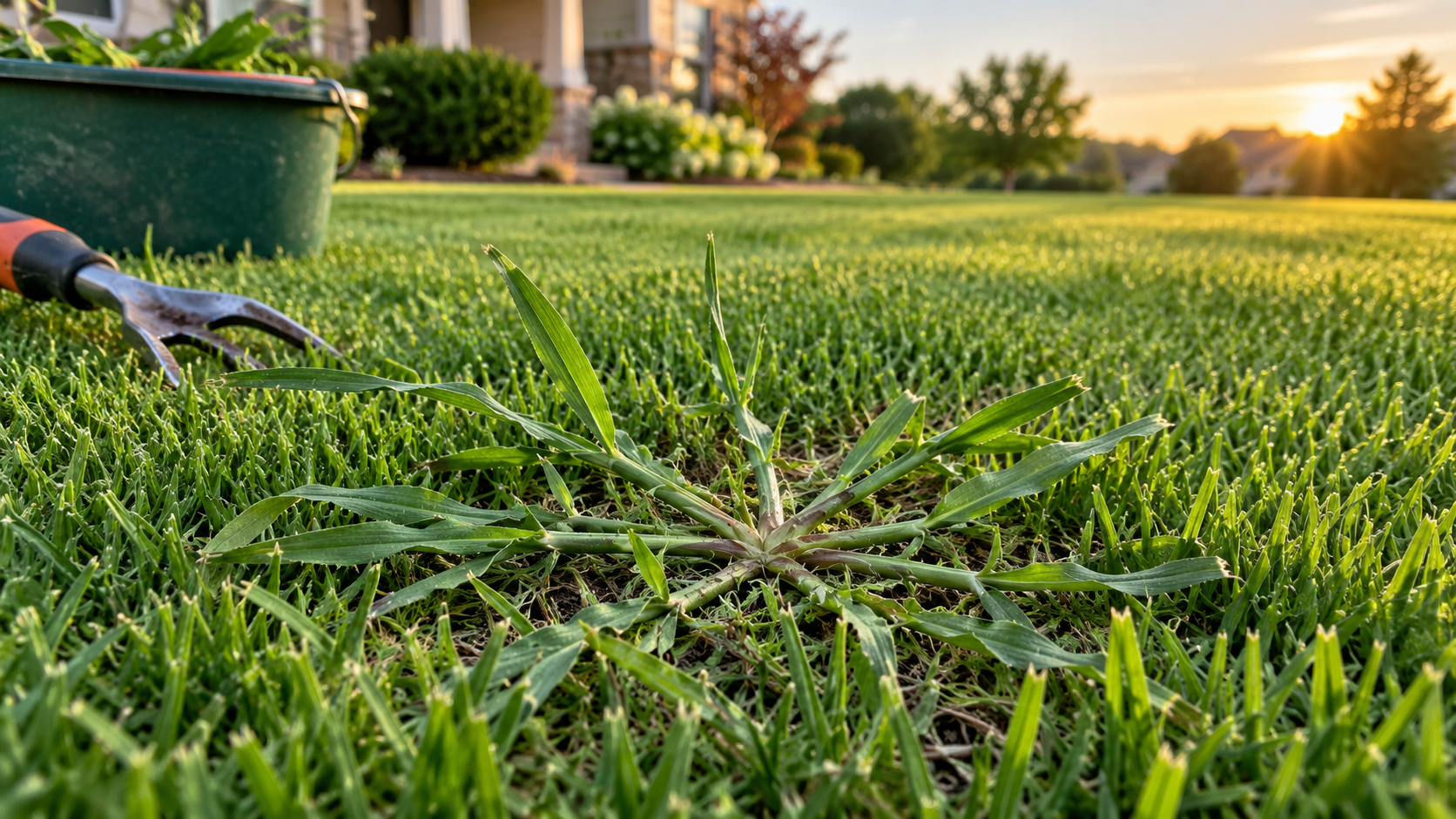 Mature goosegrass with a flattened center growing in a dense Bermuda lawn beside a hand weeder and collection bucket.