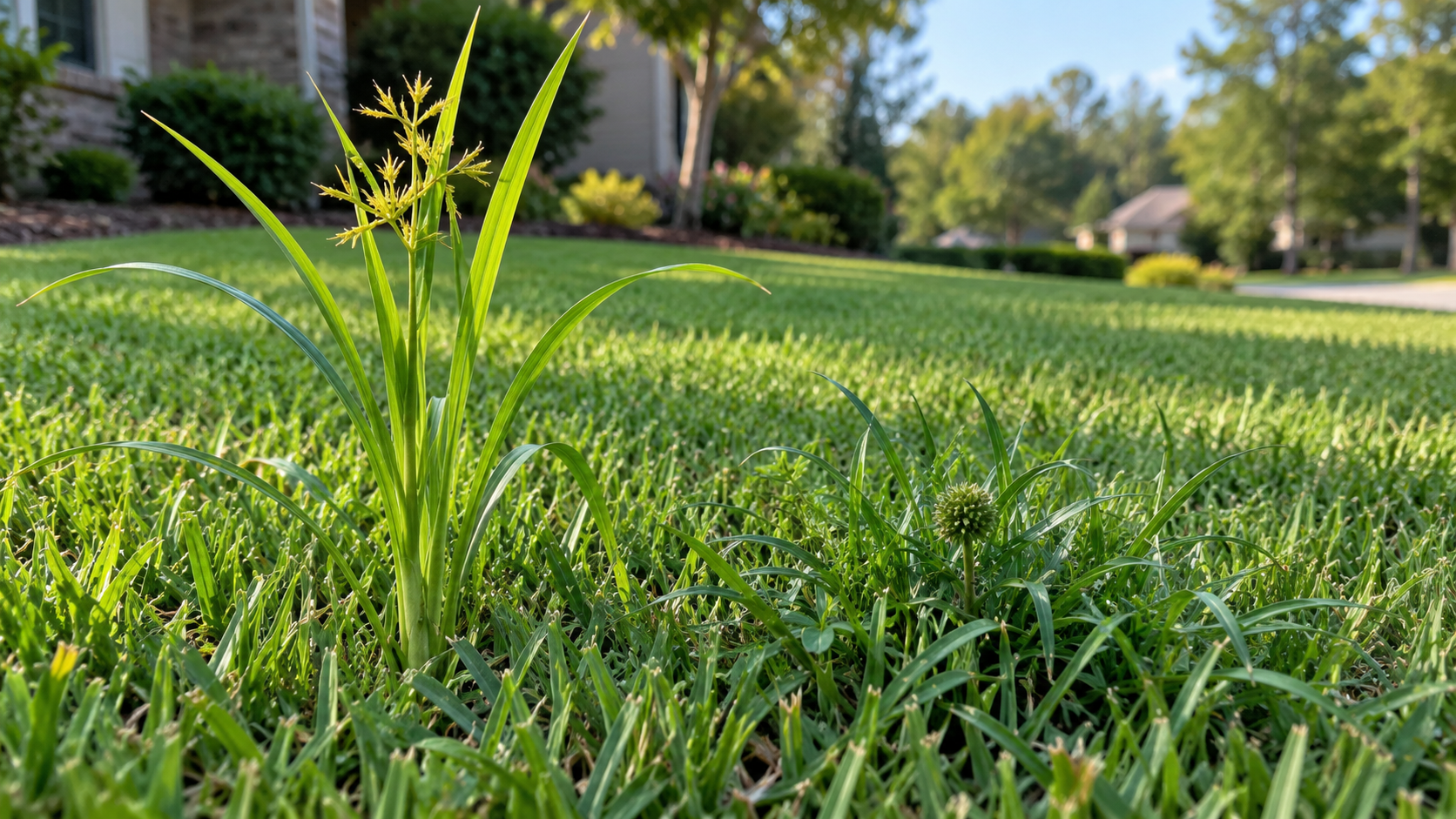 Nutsedge and kyllinga growing above and through a closely maintained Bermuda grass lawn.