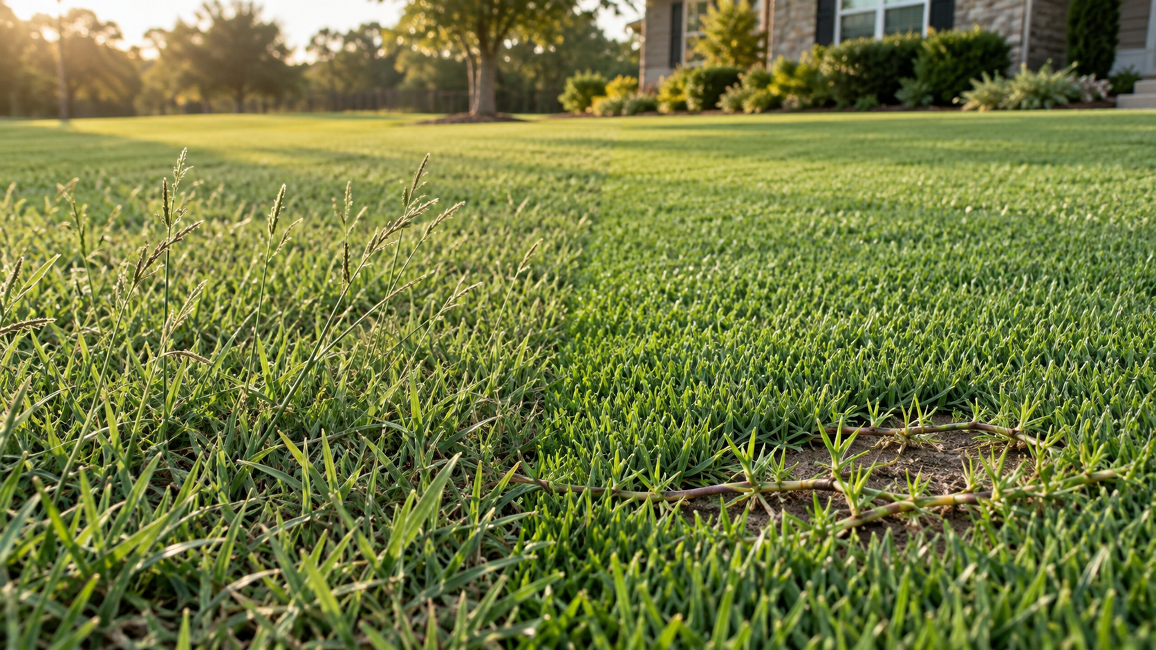 Common-type Bermuda with visible seedheads beside dense, fine-textured Bermuda spreading by runners across a residential lawn.