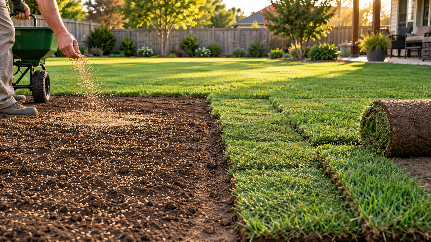 A homeowner compares Bermuda grass seeding on prepared soil with freshly installed Bermuda sod in a sunny residential yard.