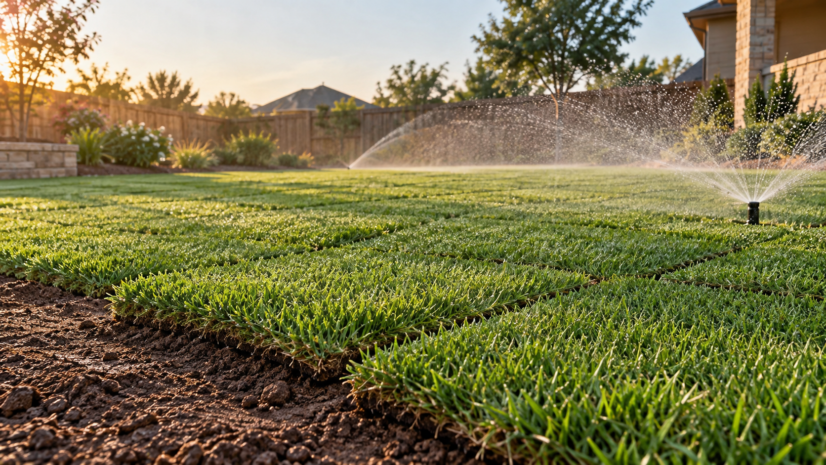 Freshly installed Bermuda sod being watered by sprinklers in a residential lawn.