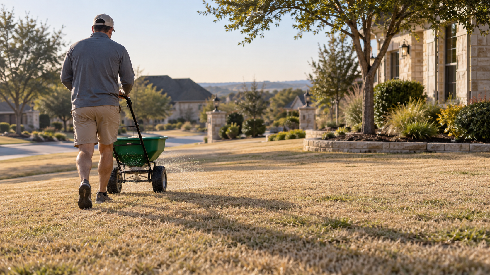 Homeowner applying granular pre-emergent with a broadcast spreader across a dormant Bermuda lawn in a Texas neighborhood.