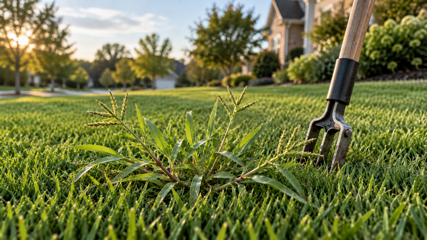 Mature crabgrass spreading through a finely mowed Bermuda grass lawn beside a manual weed-removal tool.