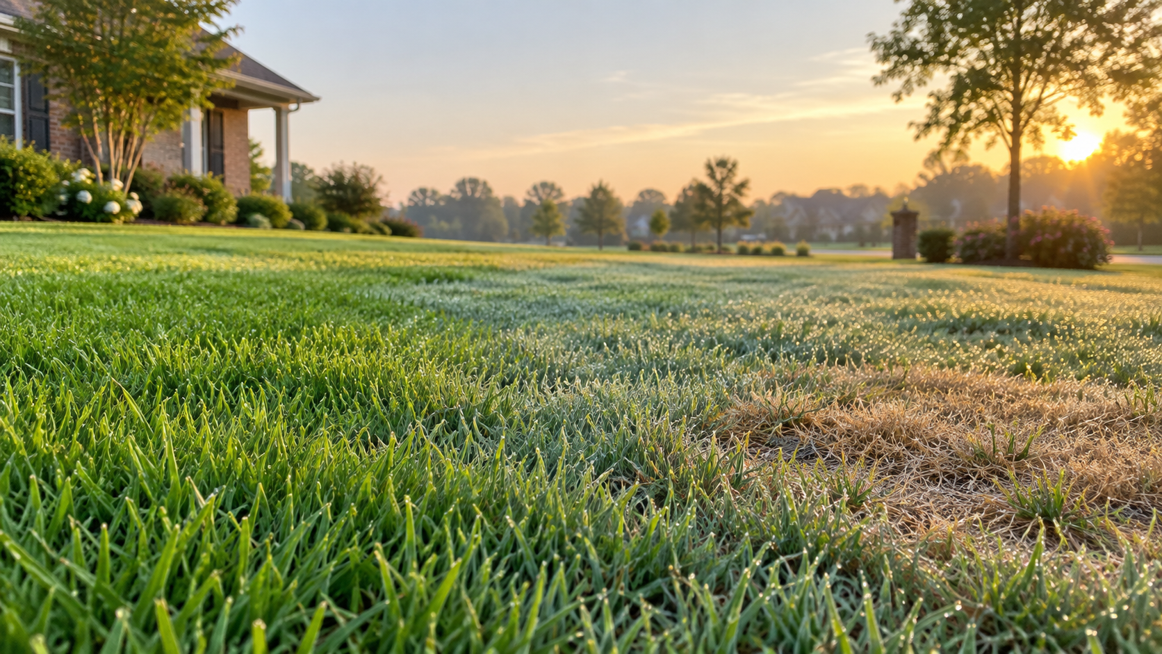 Bermuda lawn showing healthy green turf beside drought-stressed grass and an irregular brown patch that could indicate disease.