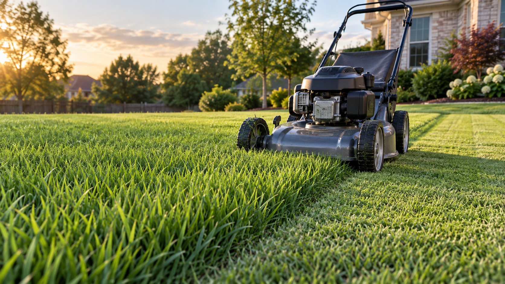 Push mower cutting a residential lawn, with taller green grass on one side and freshly mowed turf on the other.