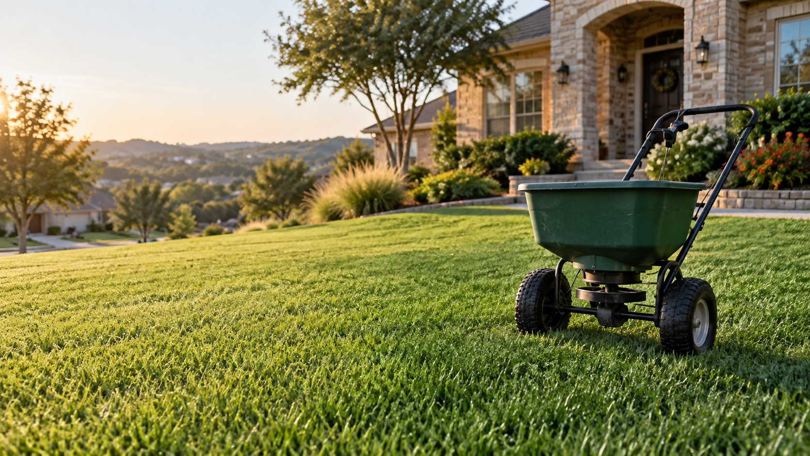 Healthy Bermuda grass lawn in Texas with a fertilizer spreader ready for a seasonal application.