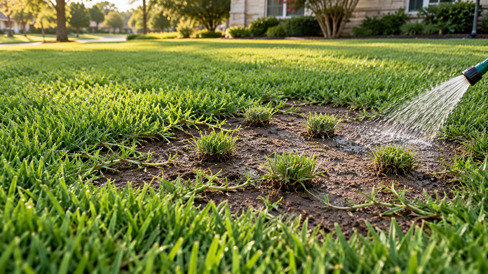 Bermudagrass plugs planted throughout a bare lawn area being watered with a garden hose.