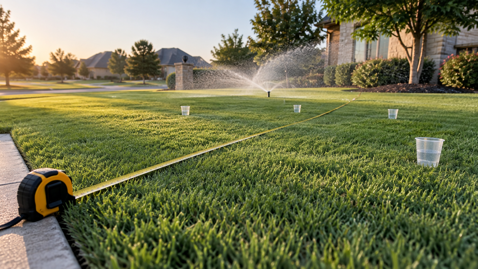 Tape measure stretched across a residential lawn with catch cups positioned around a running sprinkler.