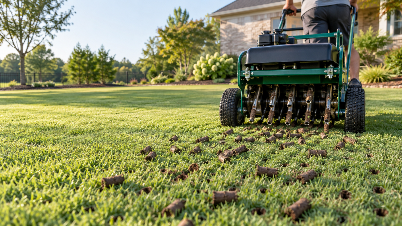 Core aerator pulling soil plugs from a green residential Bermuda lawn.