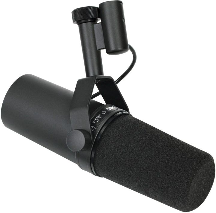 Black broadcast microphone with a foam windscreen and mounting bracket
