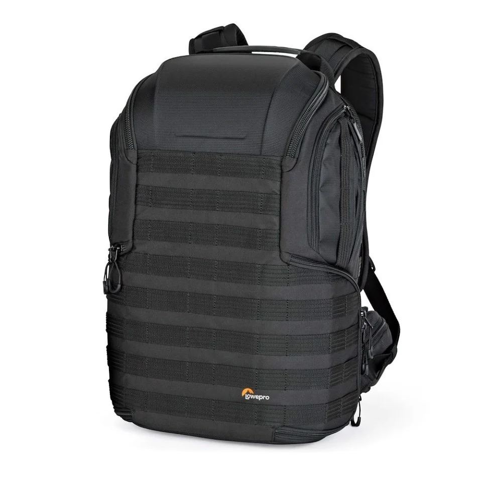 Black Lowepro backpack with multiple compartments, straps, and zippers for carrying gear.
