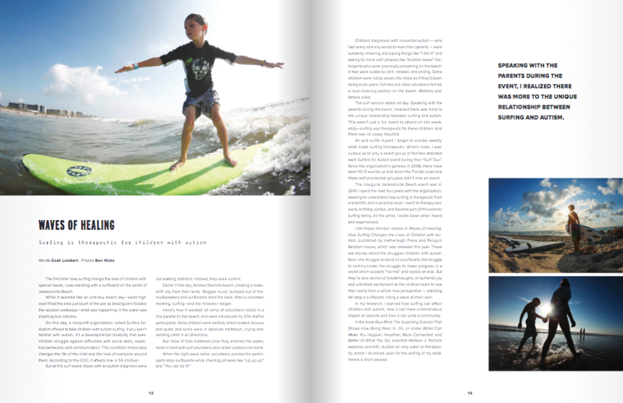 Magazine spread of the Waves of Healing article with photos of a boy surfing and a father with his children