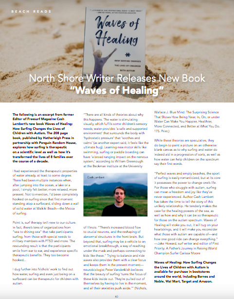 Magazine spread headlined "North Shore Writer Releases New Book 'Waves of Healing'" with a photo of Cash Lambert