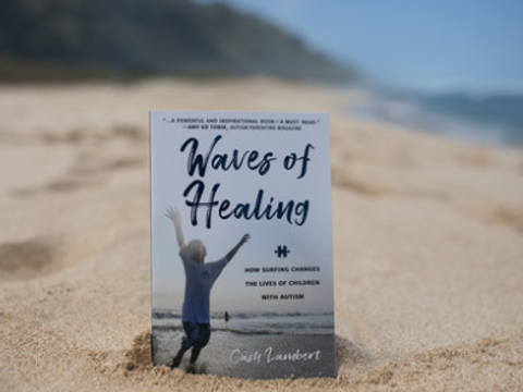 Waves of Healing book cover standing upright in beach sand