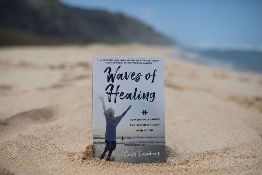 Waves of Healing book cover standing upright in beach sand