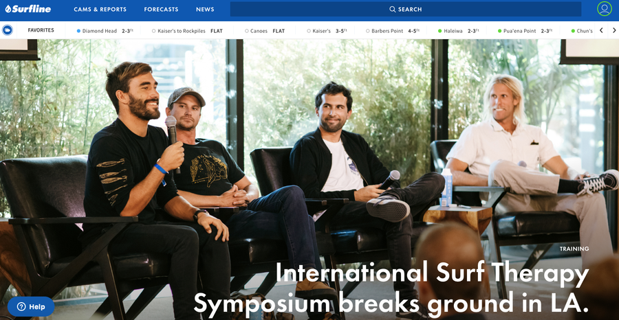 Surfline article headline: "International Surf Therapy Symposium breaks ground in LA," with panel photo